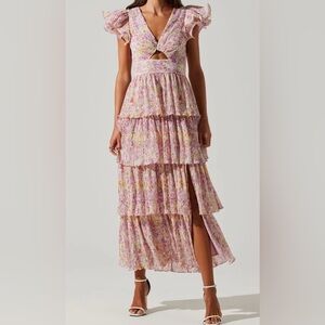ASTR Emporia Floral Pleated Tiered Midi Dress Size Large EUC